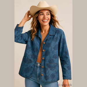 Vtg Saint Germaine Paris Shacket Sz: S floral embroidered chambray Blue Western